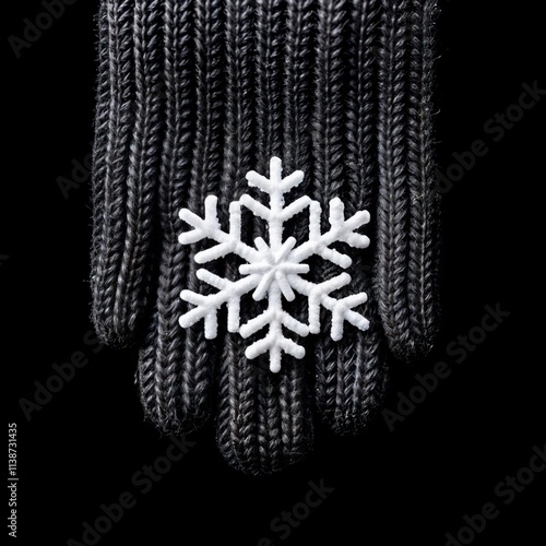 Obraz na płótnie White snowflake decoration resting on black knitted glove against a dark black background
w salonie