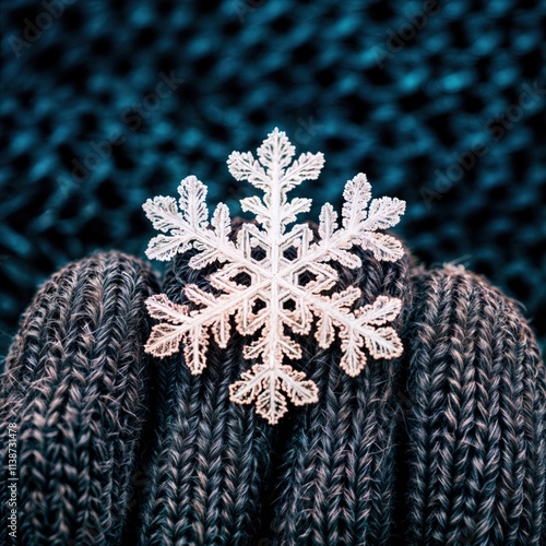 Obraz na płótnie Ornamental snowflake on cozy knitted glove with textured blue winter background
w salonie