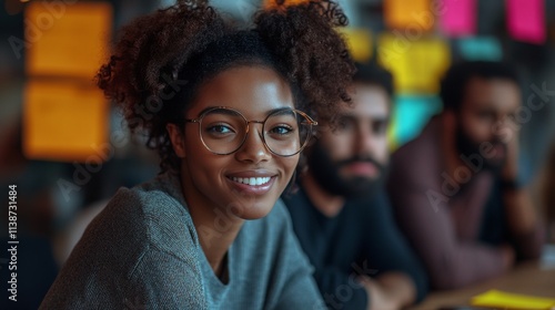 Young woman smiles warmly while engaging in conversation at a lively group ga...