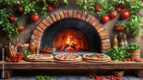 Delicious pizza being prepared in a rustic kitchen with a brick oven and fres...