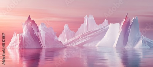 Pink sunset over icebergs in calm water. photo