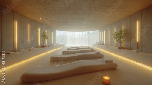 Relaxing spa environment with soothing lighting and comfortable lounges for w...