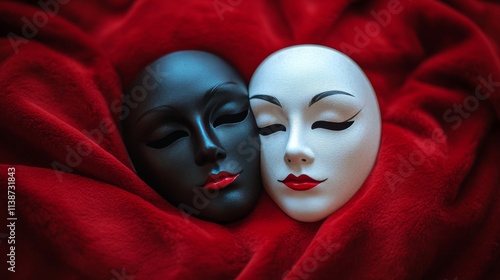 Two theatrical masks resting together on a vibrant red blanket symbolizing du...
