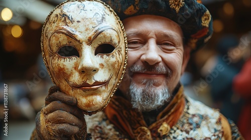Man holding a decorative mask with a smile at a cultural event in a festive a...