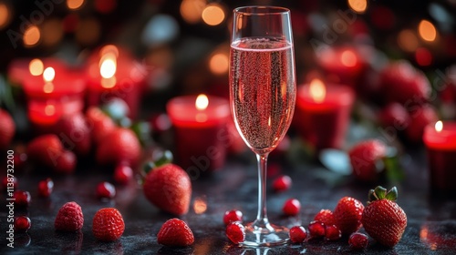 Sparkling drink with strawberries on reflective surface surrounded by warm bo...