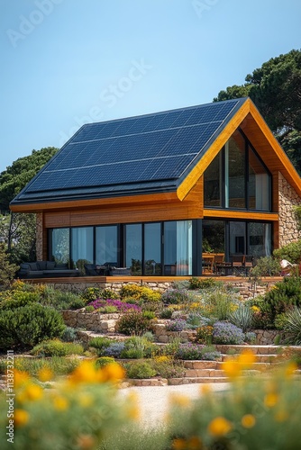 Contemporary home with solar panels and vibrant garden under clear blue sky
