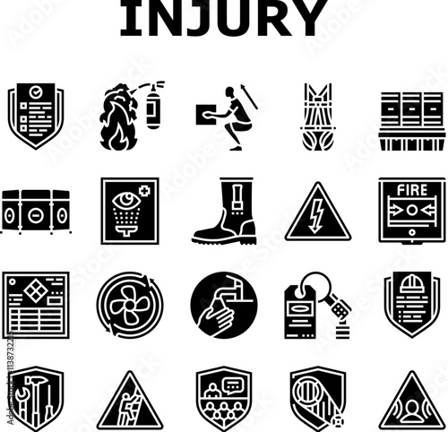 injury prevention safety icons set vector. protection exercise, stretching, warmup gear, technique, balance, posture injury prevention safety glyph pictogram Illustrations