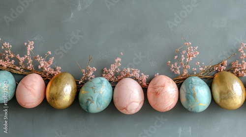 Decorative eggs with gold accents displayed on a textured surface for spring ...
