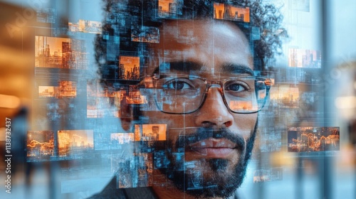 Man with glasses surrounded by digital images in a modern setting during daytime