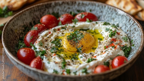Delicious dish of poached eggs with herbs and tomatoes served in a rustic kit...