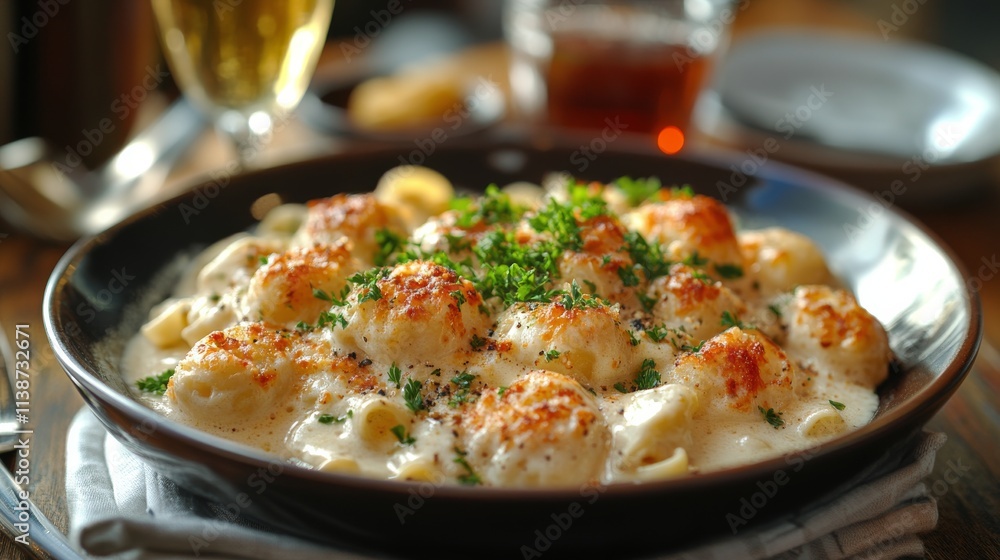 Creamy pasta dish with baked cheese and herbs served in a cozy restaurant Creamy pasta dish with baked cheese and herbs served in a cozy restaurant