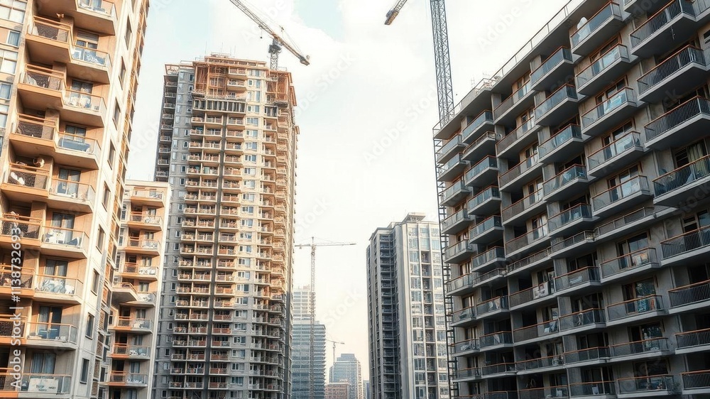 Modern apartment building with blueprint plans on a construction site, urban, residential