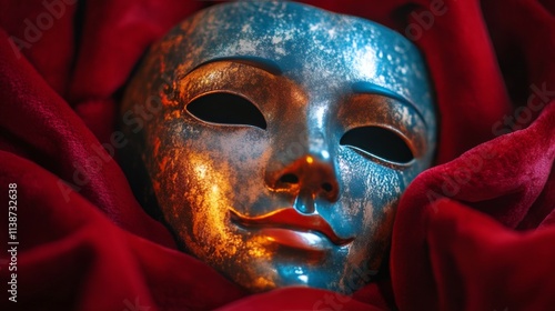 Two theatrical masks resting together on a vibrant red blanket symbolizing du...