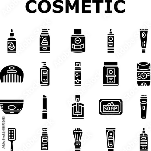 men cosmetic grooming skincare icons set vector. beard moisturizer, shaving cologne, fragrance, aftershave cleanser, exfoliant, toner men cosmetic grooming skincare glyph pictogram Illustrations