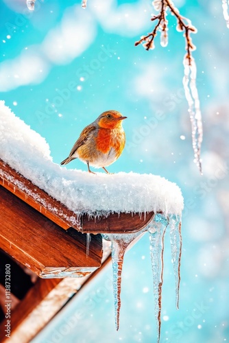 Vibrant robin perched on snowy rooftop with icicles and bright blue winter sky in the background
