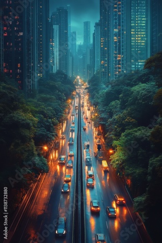 Futuristic city skyline at night illuminated with glowing orange lights and s...
