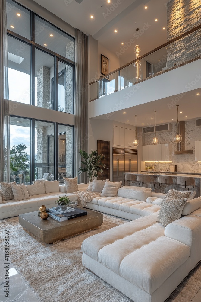 Fototapeta premium Modern living room design with large windows and cozy ambiance in mountain retreat