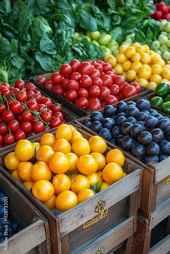 Colorful market display of fresh fruits and vegetables on a sunny day