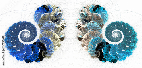 Blue-gray symmetrical spirals twisted from abstract ropes look like two ram's horns. Graphic design elements on a white background. Set. 3D rendering. 3D illustration.