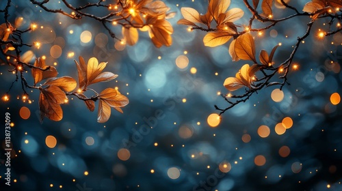 Golden leaves shimmer in a twilight forest with sparkling lights and blurred ...