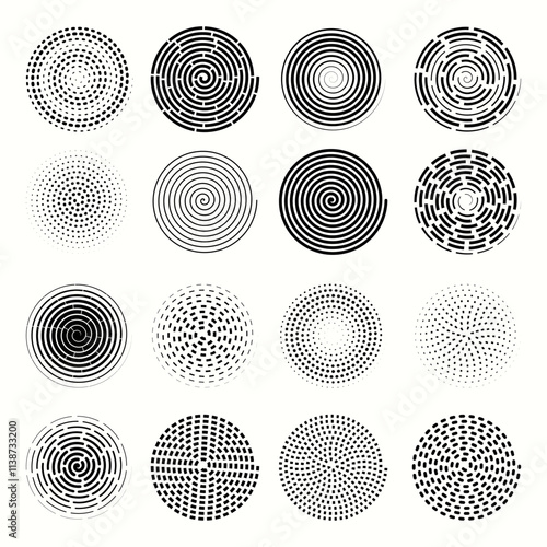set of different spirals in black silhouette isolated on white background. Whirlwind, swirl, spiral, maze for infographics