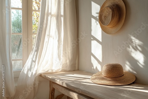 Warm afternoon light filtering through curtains illuminating hats on wooden t...