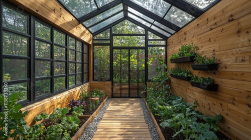 Vibrant green garden with seedlings and greenhouse during golden evening light