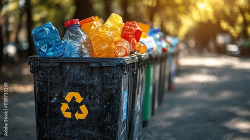 Colorful plastic waste overflowing from recycling bins in a park during autumn