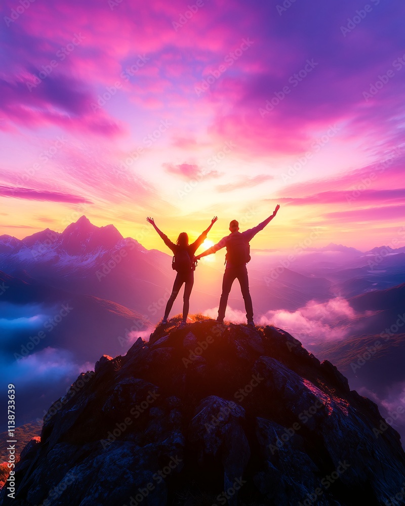 Young Adventurous Couple Celebrates at Sunset on Majestic Mountain Peak Young Adventurous Couple Celebrates at Sunset on Majestic Mountain Peak