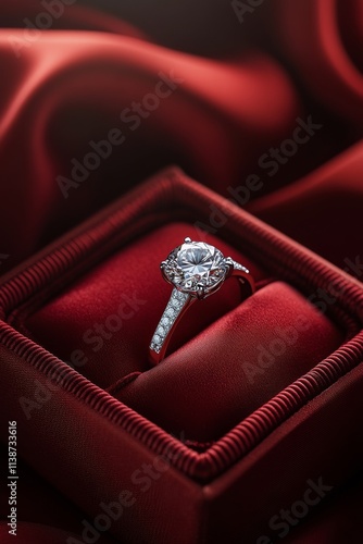 Elegant diamond engagement ring displayed on red velvet cushion in romantic s...