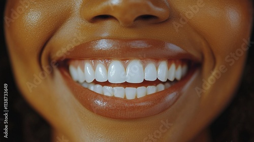 Close up of smiling individual with bright white teeth and dark skin in warm ...