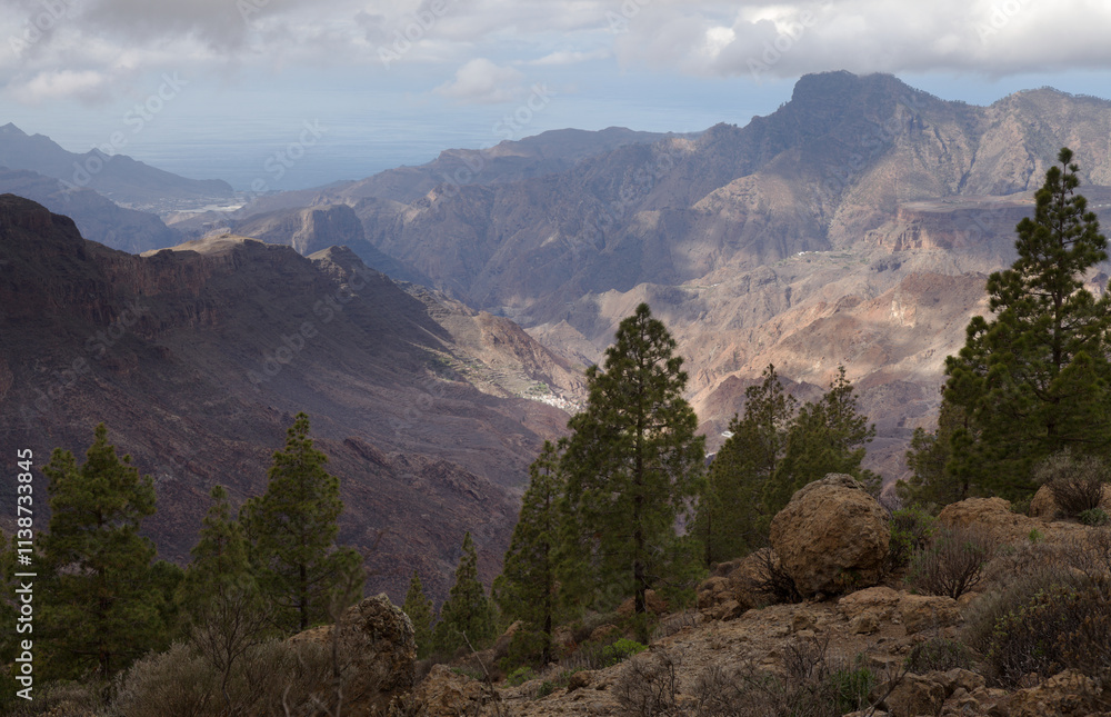 Gran Canaria, landscape of the central part of the island, Las Cumbres, ie The Summits, short hike between rock Formation Chimirique and iconic Roque Nublo Gran Canaria, landscape of the central part of the island, Las Cumbres, ie The Summits, short hike between rock Formation Chimirique and iconic Roque Nublo