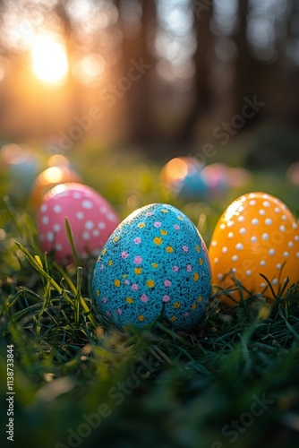 Colorful decorated eggs spread across green grass during a spring celebration