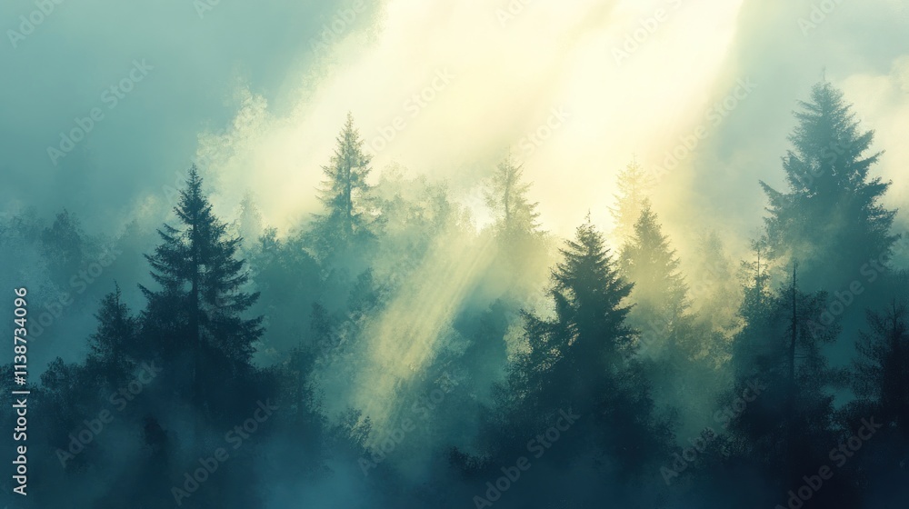 Fototapeta premium Sunbeams pierce misty mountain forest.