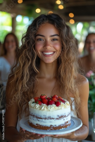 Happy birthday celebration with a smiling girl holding a decorated cake surro...
