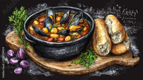 Seafood dish with shrimp and clams in a rustic bowl with herbs and lemon