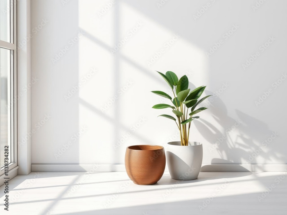 Fototapeta premium Realistic shadow effect of a potted plant on a white background, shadow, potted plant, interior design