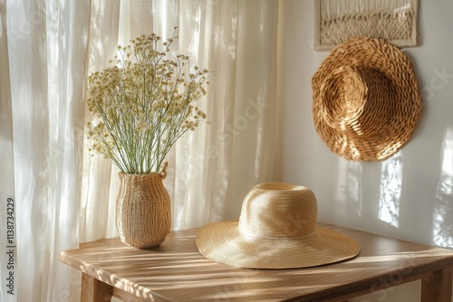 Warm afternoon light filtering through curtains illuminating hats on wooden t...