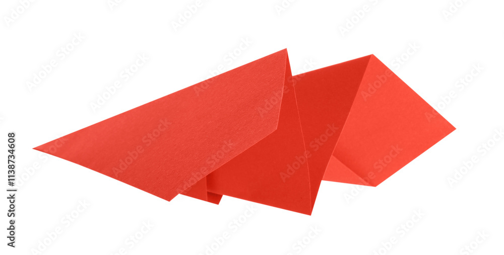 One handmade coral paper plane isolated on white One handmade coral paper plane isolated on white