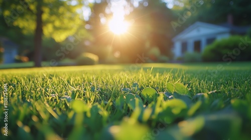 Sunlight glimmers on lush green lawn in front of contemporary suburban home d...