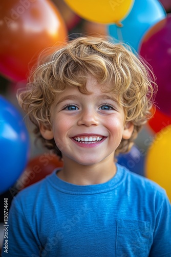 Happy child smiling with balloons at a festive outdoor celebration