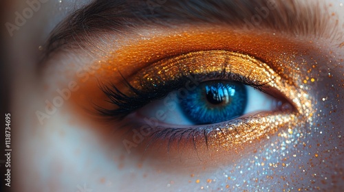 Stunning portrait of a young woman showcasing vibrant makeup and shimmering c...
