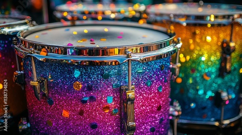 Colorful drums decorated with confetti at a vibrant street festival celebration