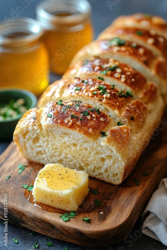 Freshly baked bread loaves with melted butter and olive oil in a rustic setting