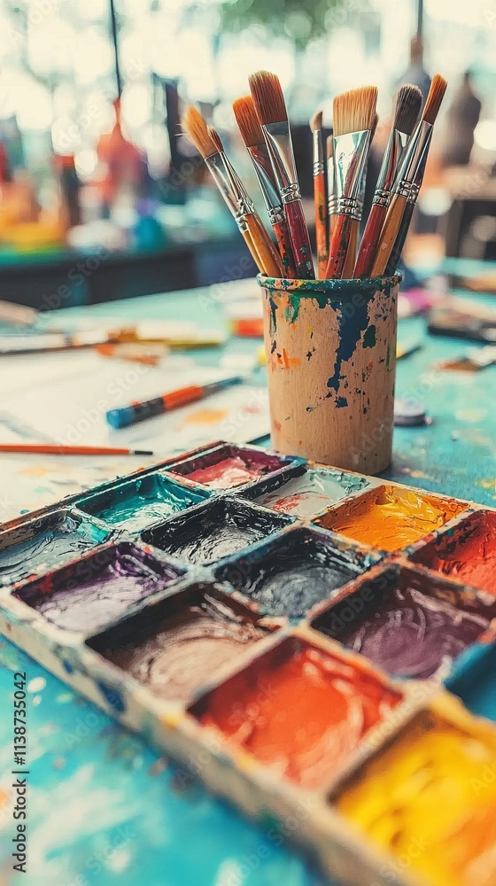 Fototapeta premium A vibrant artist's workspace with paint palettes and brushes.