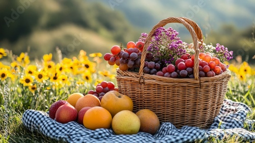 Freshly picked fruits and flowers in a wicker basket on a sunny meadow