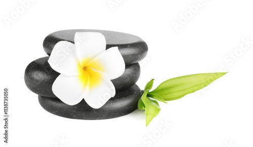Spa stones, plumeria flower and green leaves isolated on white