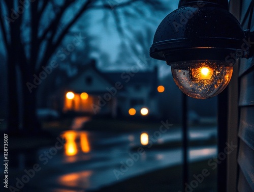 A warm glow from a lamp illuminates a rainy evening street, creating a cozy atmosphere. photo