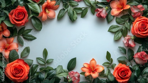 Vibrant floral arrangement showcasing red roses and pink blooms on a soft bac...