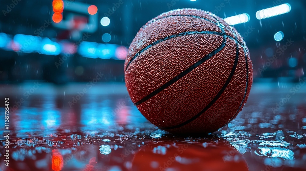 A detailed view of a basketball resting on the vast floor of a stadium court. Celebrating World Basketball Day. A detailed view of a basketball resting on the vast floor of a stadium court. Celebrating World Basketball Day.